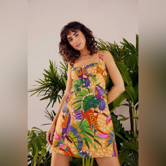 Farm Rio Sand Painted Toucans Linen Mini Dress - Picture 10 of 10